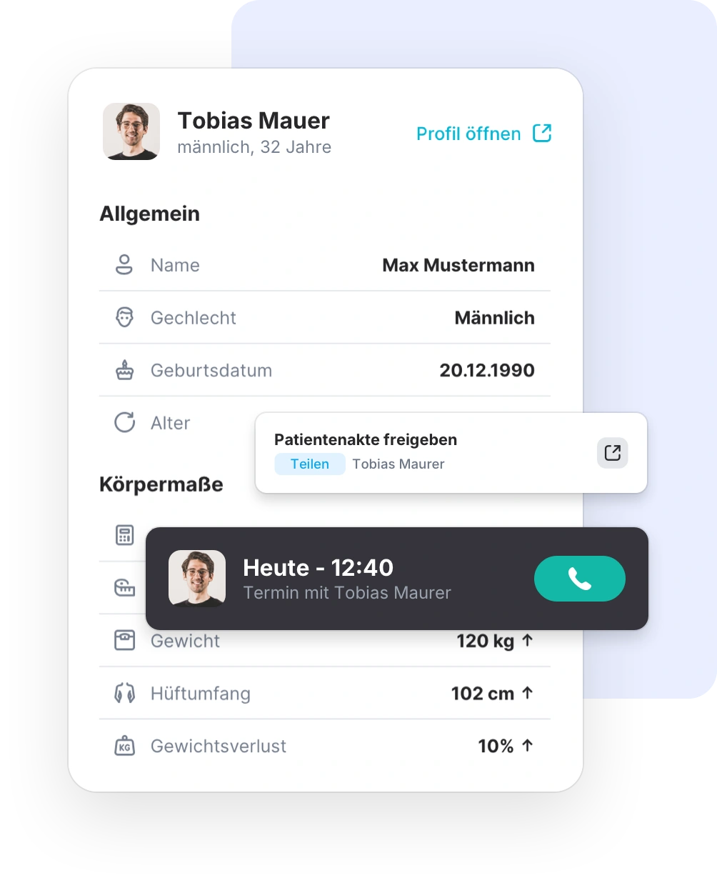 Patientenakte mit Profil und Messwerten