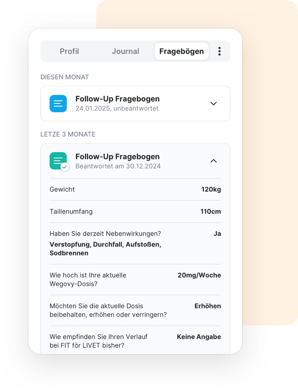 Fragebögen-Ansicht in der Sidebar