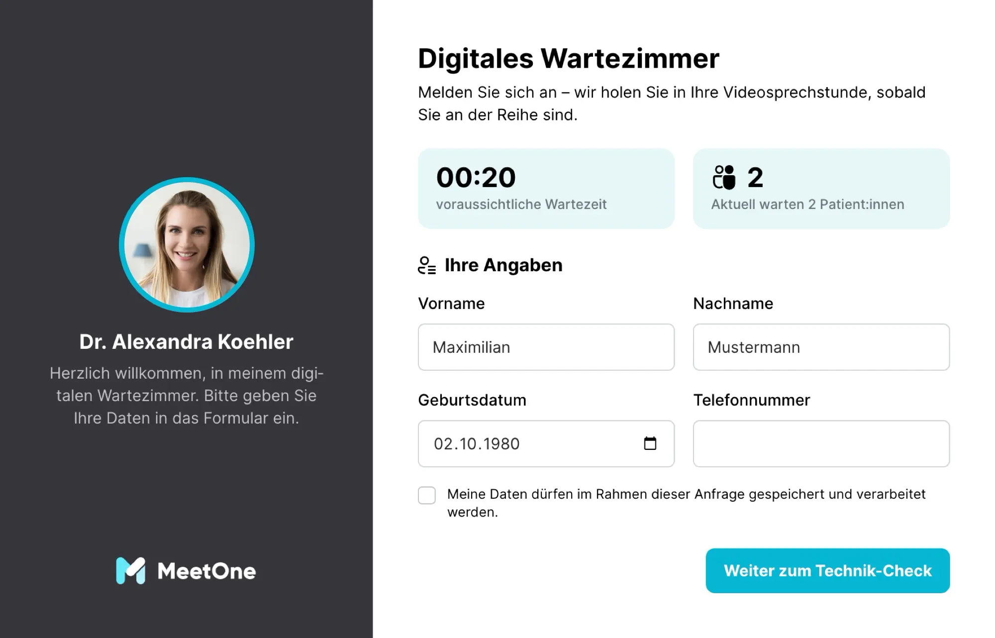 Check-in-Formular des digitalen Wartezimmers